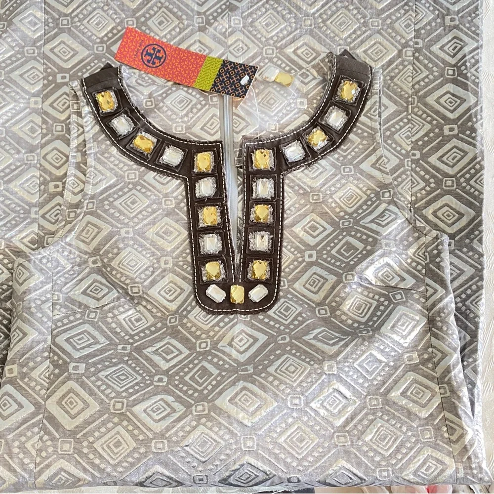 Tory Burch Jeweled V-neck Sheath Rosario Dress Sleeveless Silver Metallic